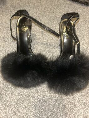 Fashion Nova Black Faux Fur Strap Heels